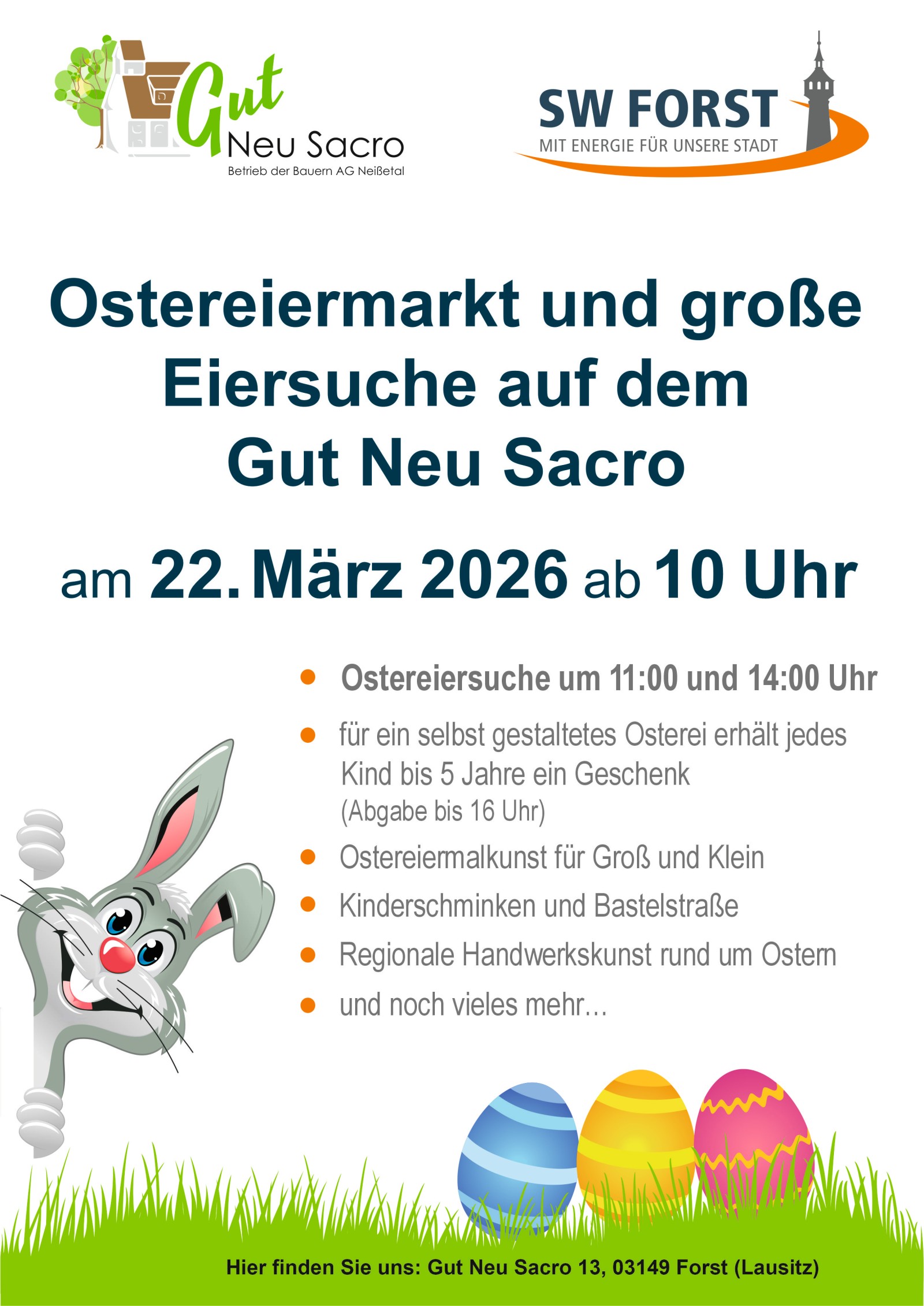 Informationen zur Eiersuche am 22. März 2026 im Gut Neu Sacro. 