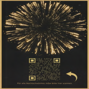 Goldenes Feuerwerk mit einem goldenen QR-Code darunter.