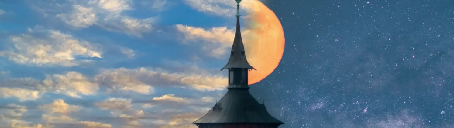 Gemaltes Bild eines Turms, zu dessen linken die Sonne scheint und rechts dagegen ein Nachhimmel mit Mond ist