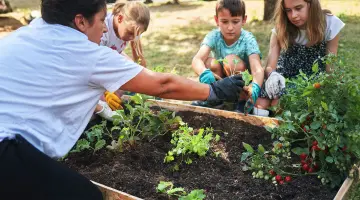 Eine Frau pflanzt mit drei Kindern Kräuter und Tomaten in ein Hochbeet ein. Bild mit KI erstellt.